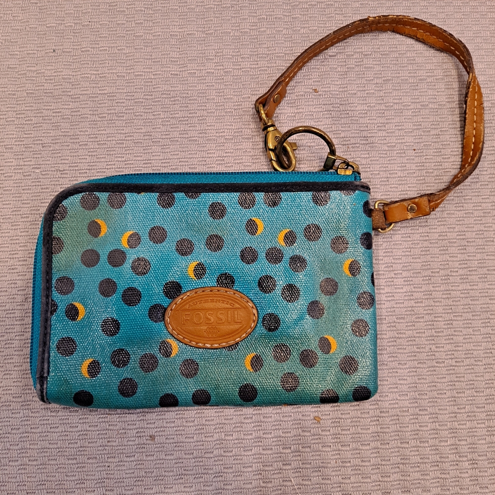 Fossil Teal and Black Polka Dot Wristlet